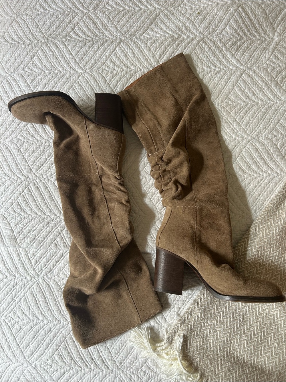 Free People Tan Suede Knee-High Block Heel Boots EU SIZE 36.5